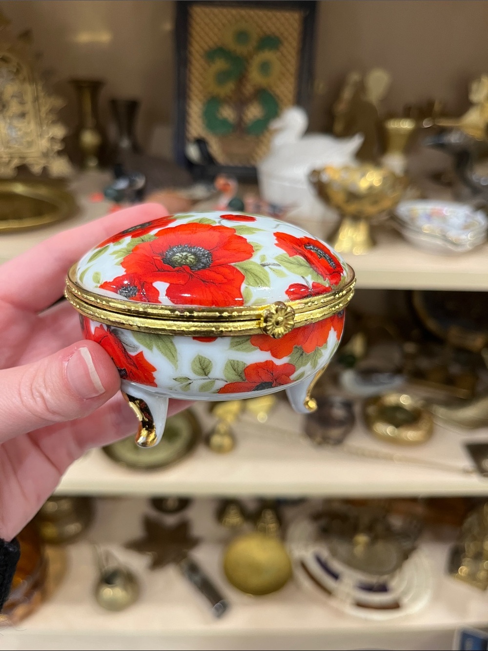 Decorative Poppy Porcelain Trinket Box with Gold Trim